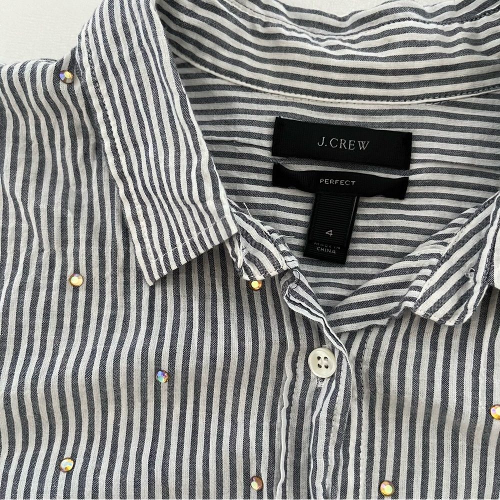 J. Crew Embellished Rhinestone Striped Perfect Button Down Shirt, Size 4 NWOT - Picture 10 of 11